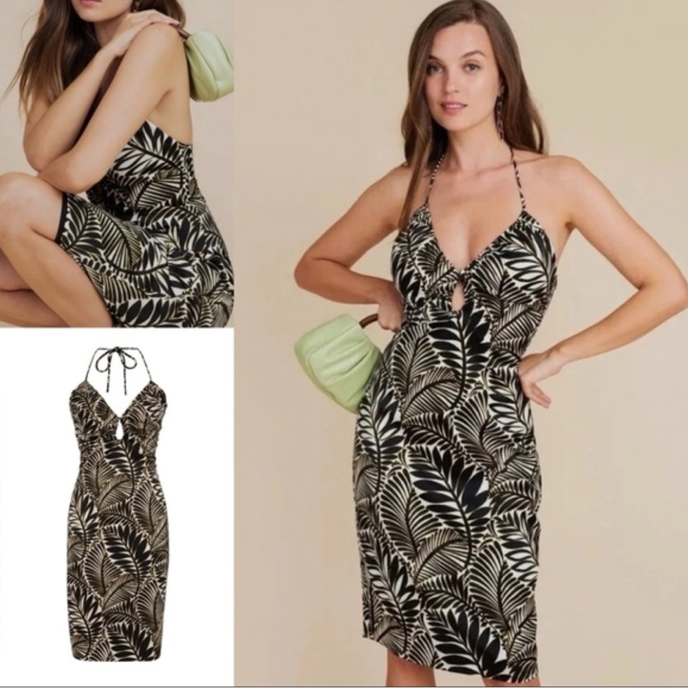 Christian Lacroix Tropical Leaf Halter Midi Dress - Black & Cream